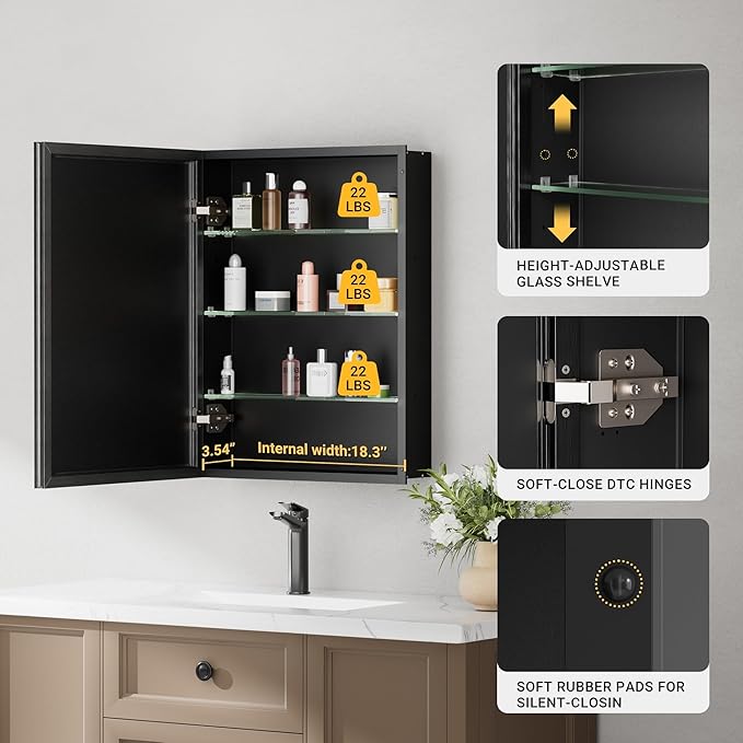20x26 Pre-Assembled Black Medicine Cabinet with Mirror, Surface or Recessed Medicine Cabinet Mirror for Bathroom, Aluminum Beveled Frame Bathroom Vanity Mirror with Adjustable Shelves Storage