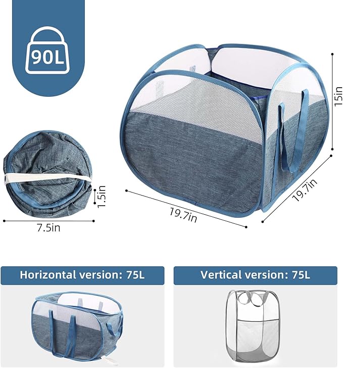 Collapsible Laundry Baskets, Tear Proof Pop Up Laundry Hamper with Large Capacity, Sturdy Foldable Laundry Basket, Easy to Carry Laundry Hamper for Home, Laundry Room, Bedroom, Dorm, Travel Blue