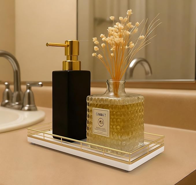 Bathroom Vanity Tray – 12" x 6" Oak Decorative Wooden Tray for Toilet Tank Organizer Wood Tray for Bathroom Countertop, Soap, Perfume & Accessories Storage, Vanity & Dresser Decor, Gold & White