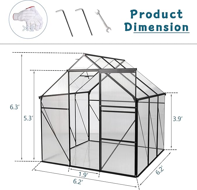 6X6FT Greenhouse for Outdoor, Polycarbonate Greenhouse with Raised Base and Anchor, Heavy-Duty Walk-in Green House with Adjustable Roof Vent and Gutter System for Patio,Backyard (Black, 6X6 FT)