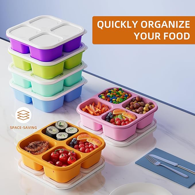 6 Pcs Bento Snack Containers, Reusable 4 Compartment Food Storage Container with Lids, Divided Lunchable Container, Freezer, Microwave & Dishwasher Safe (6 Color)