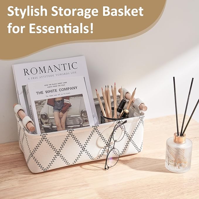 Small Storage Basket for Organizing,Fabric Bathroom Toilet Paper Basket for Tank Top,Decorative Countertop Shelf Cabinet Organizer for Bedroom Livingroom Nursery Boho Home Décor 12.5"×7"×4.5", White
