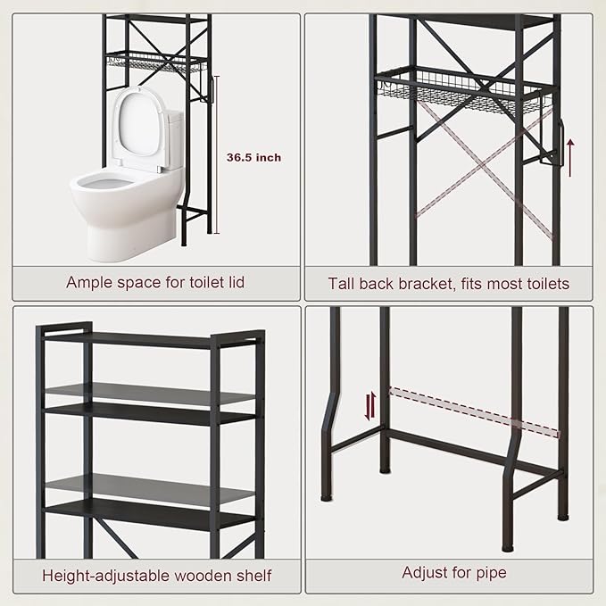 Over The Toilet Storage Shelf, 4-Tier Bathroom Organizers and Storage Rack with Adjustable Height, Freestanding Above Toilet Shelves for Bathroom & Laundry, Space Saver, Black