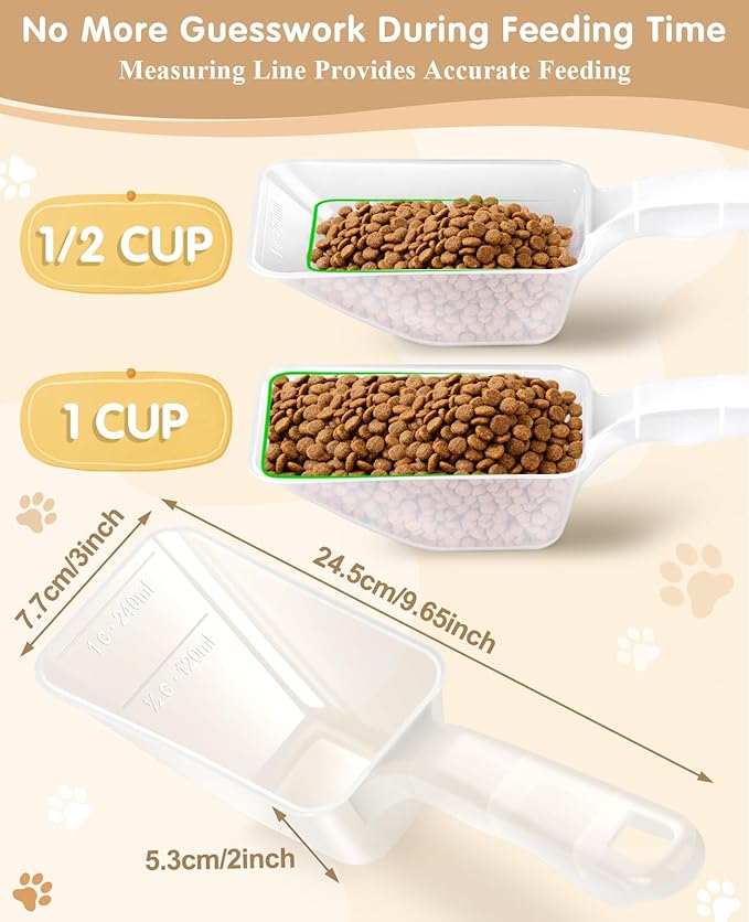 2-Pack Dog Food Scoop 1 Cup, Plastic Pet Food Measuring Scoop With Measuring Lines (1/2 & 1 Cup Markings) for Dogs, Cats, Fish, Bird（Transparent and Grey