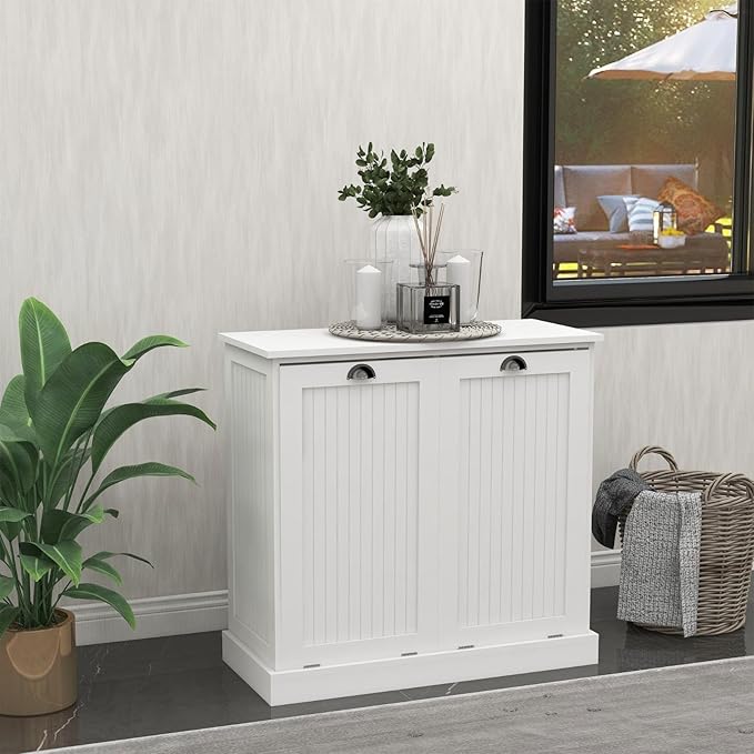 Two-Compartment Tilt-Out Laundry Sorter Cabinet with Removable Bags, E1 MDF Construction, UV Painted Finish, 32.68" L x 31.5" H, 100 Lbs Capacity, White