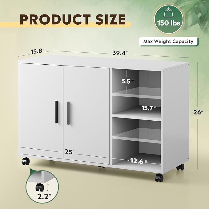 DEVAISE Office Storage Cabinet with Doors and Shelves, Lateral Printer Stand for Office Supplies and File Storage, Filing Cabinet for Home Office, White