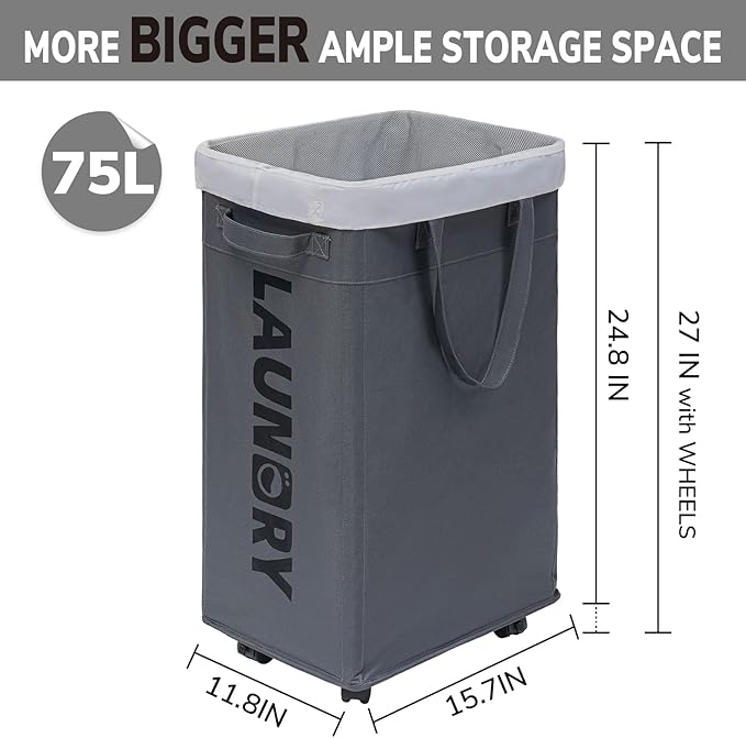 CHICVITA Hamper with Wheels 2-Pack, 75L Large Laundry Baskets with Removable Wash Bags, Foldable Laundry Baskets with Slim Design for Corner Dorms, Rolling Laundry Hamper on Wheels, Grey
