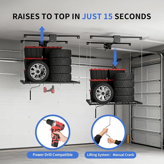 Overhead Garage Lift Storage Rack, 4x4 Ft, Heavy-Duty Steel Ceiling Mounted Garage Ceiling Rack Organizer with 350 lb Capacity, Easy Crank System and Quick Installation for Clutter-Free Space