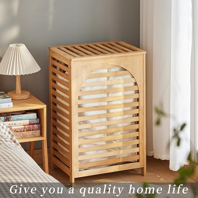 Laundry Hamper with Lid,Bamboo Large Waterproof Clothes Laundry Basket,Removable Washing Bags with Handles,clothes basket (Natural)