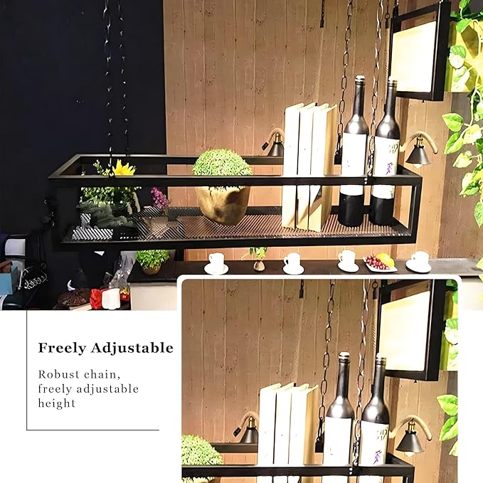 Ceiling Mounted Metal Iron Wine Shelf with Chain for Hanging Plants and Flowers Decorative Display Storage Rack for Restaurant Kitchen Bar 60x25x15cm