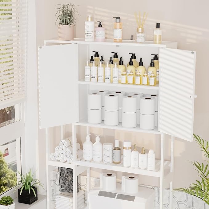 Bamboo Over The Toilet Storage, Above Toilet Organizer Storage Shelf, Tall Freestanding Behind Toilet Rack, Tiered Bathroom Space Saver Shelving, Easy Assembly (White)