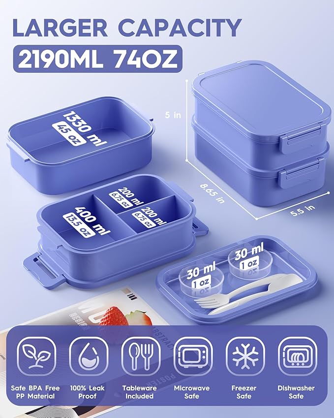 Adults Bento Lunch Box Set with Thermo Bag, 74oz Stackable Leak-proof 3-tiers Bento Box, Built-in Utensil and Sauce Container for Work, School, Dining Out (Purple)
