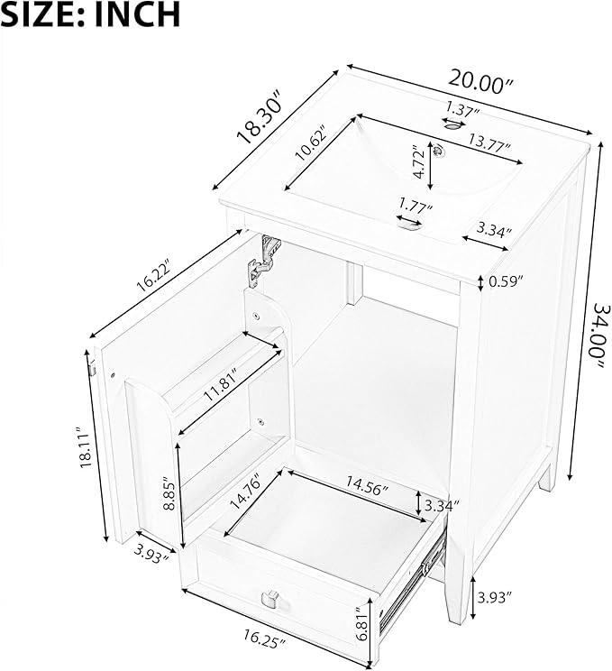 20 in Small Bathroom Vanity with Sink,Wood Modern Single Bathroom Sink Cabinet with Soft Closing Door and Drawer,Freestanding Grey