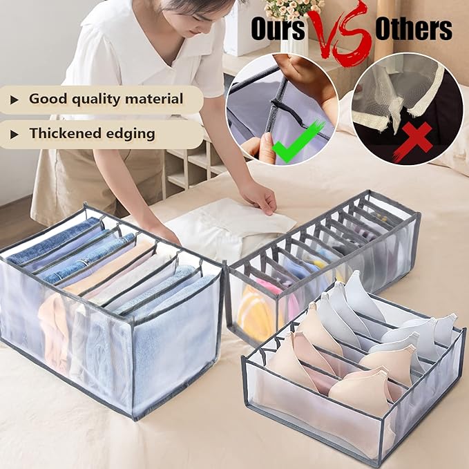 TIGARI Wardrobe Clothes Organizer, Drawer Organizers for Clothing, Closet Storage Organizer, Dresser Drawer Organizers for Thin Jeans, Trousers, T-shirts, Skirts (Gray,3 Pcs Large)