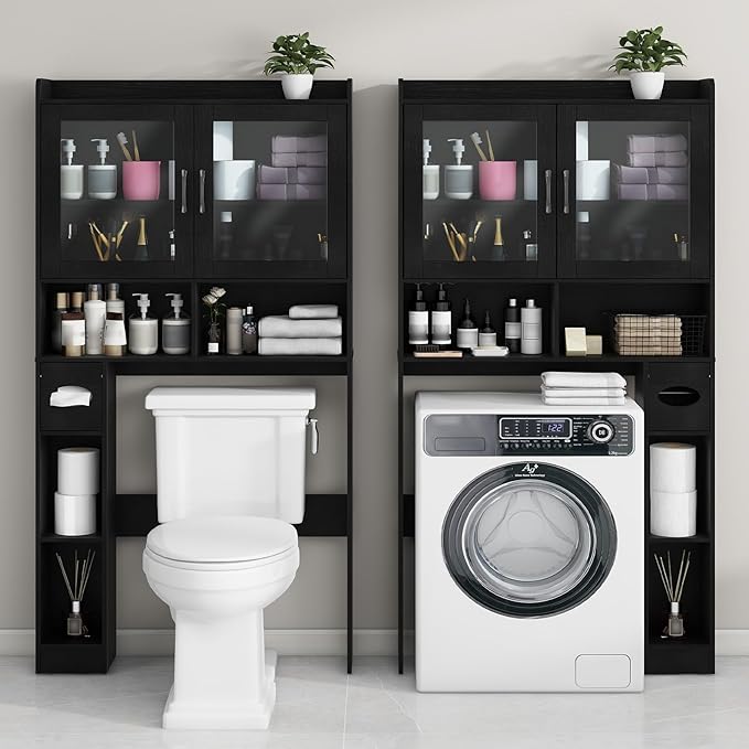 Vabches Over-The-Toilet Storage Cabinet, Farmhouse Style with 2 Acrylic Waves Doors, Space-Saving Home Storage Rack for Restroom, Bathroom and Laundry Room.Black.