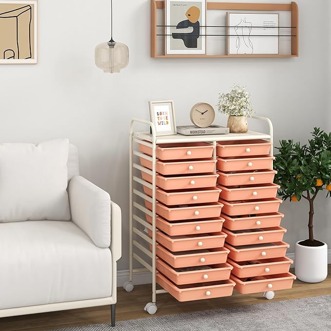 COSTWAY 20-Drawer Rolling Storage Cart, Utility Storage Organizer Cart for Tools, Scrapbook, Paper, Craft, Multipurpose Storage Trolley on Wheels for Home Office School, Peach