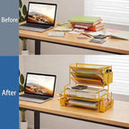 Simple Trending 7 Tier Desk File Organizer, Letter Tray Paper Organizer with Pen Holder and Metal Hanging Basket, Gold