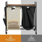 WOWLIVE Double Laundry Hamper with Lid,Rolling Laundry Basket Organizer with Wheels, Iron-Made Laundry Sorter with Top Shelf and 2 Removable Bags,Large Clothes Storage for Room,Black and Beige