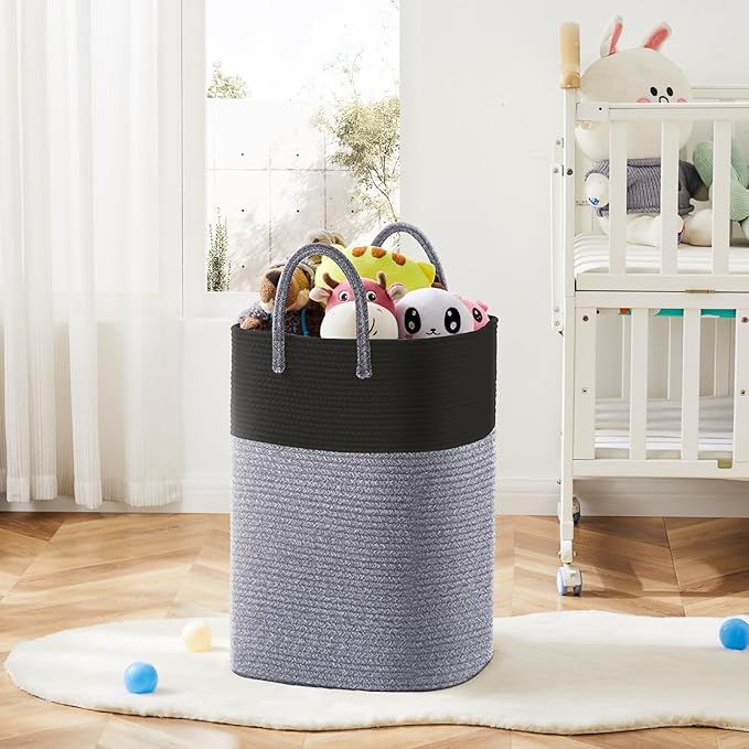 Laundry Basket,Woven Cotton Rope Laundry Hamper,Versatile Storage for Dirty Clothes,Baby Toys,and Blankets in Bathroom, Nursery,and Living Room (Black, 60L)