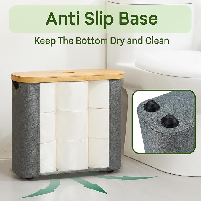 ELONG HOME Sleek Toilet Paper Storage, 30L Grey Fabric Toilet Paper Storage with Bamboo Lid, Durable Lining Storage Basket for TP, Towels, or Bathroom Essentials