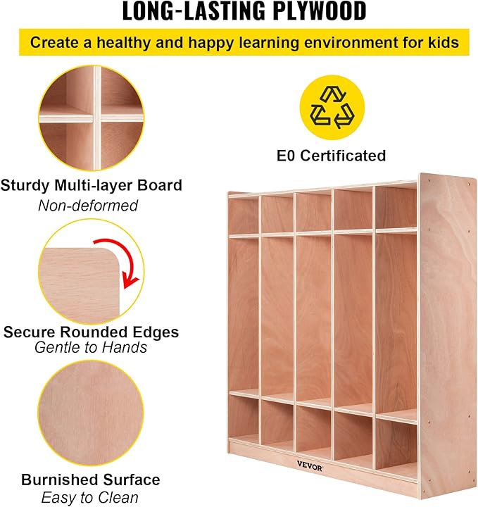 VEVOR Wooden Storage Cabinet, 5-Section Storage Locker with 10 Cubbies Shelf, Multi-Compartment Cubby Shelf with 5 Hooks for School, Classroom, Daycare, Home and Preschool