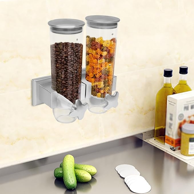 2 Pack 3L/101oz Food Dispenser Wall Mounted Grain Dispenser with 2 Cups Candy Storage Container Double Dry Food Dispensers Wall Mount for Coffee Beans, Nuts, Rice, Millet, Beans (Silver)