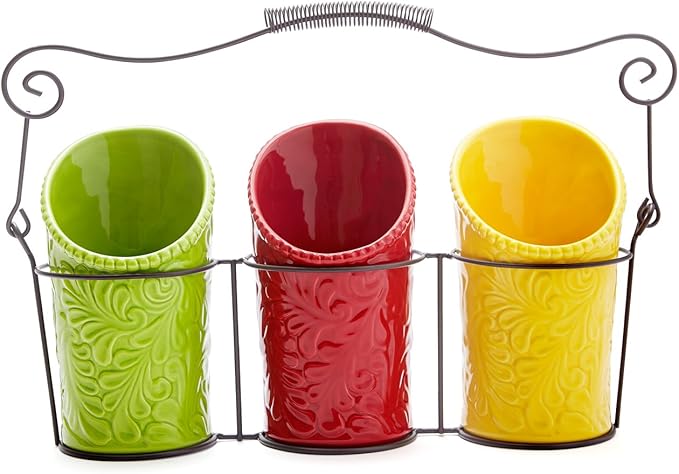 Kitchen Utensil Holder Set (4 Pieces) - 3 Ceramic Crocks & 1 Portable Wire Caddy - Multi-Color