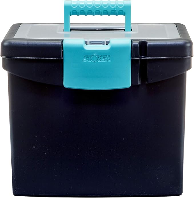 Storex Portable File Box, with Lockable XL Supply Storage Lid and Carry Handle, Black/Teal, 10.9 x 11 x 13.25 Inches, 2-Pack (61414B02C)