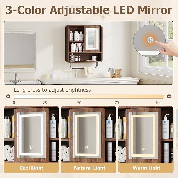 QUW Modern Bathroom Wall Cabinet, Medicine Cabinets with Mirror, Over The Toilet Storage Cabinet for Bathroom, Towel Bar, Sliding Door, 3 Lighting Modes, Adjustable Brightness, Dark Walnut