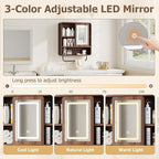 QUW Modern Bathroom Wall Cabinet, Medicine Cabinets with Mirror, Over The Toilet Storage Cabinet for Bathroom, Towel Bar, Sliding Door, 3 Lighting Modes, Adjustable Brightness, Dark Walnut