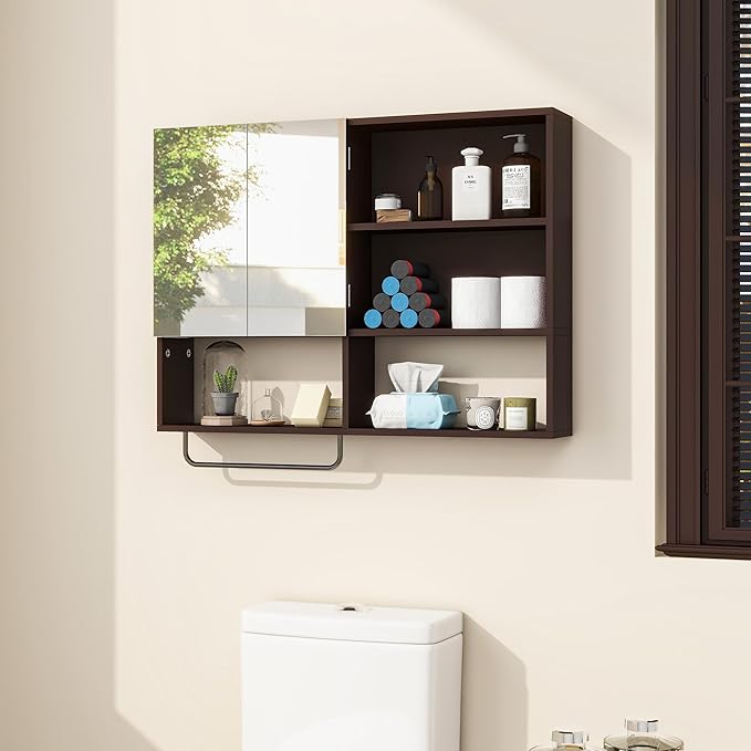 Medicine Cabinet, Wooden Bathroom Wall Cabinet with 2 Doors, Adjustable Shelves & Towel Bar, Over Toilet Storage Cabinet Wall Mounted for Laundry with Mirror, Espresso