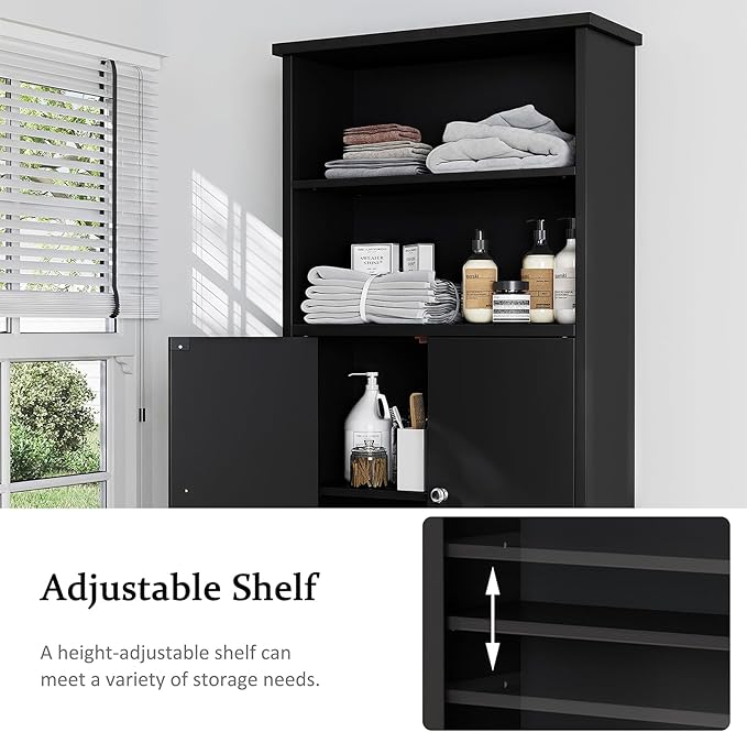 Meilocar Over The Toilet Storage Cabinet for Bathroom, Storage Organizer Over Toilet, Space Saver W/Adjustable Shelf & Open Shelves, 75in, Black