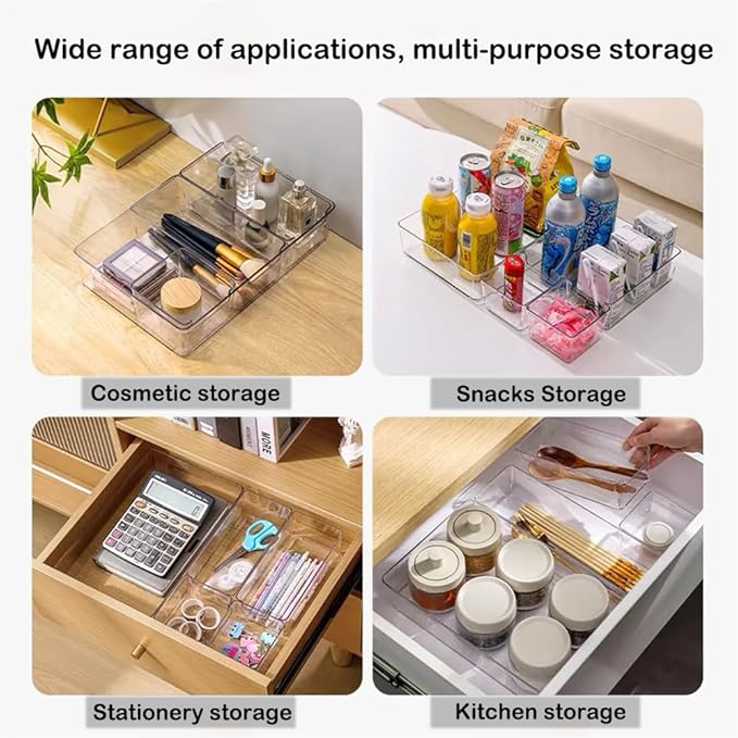 16 Pack Drawer Organizer Set, 4-Size Desk Drawer Organizer Fridge Storage Trays Containers Organization Food Storage Snack Organiser Storage Bins for Makeup Kitchen Utensils Gadgets Office