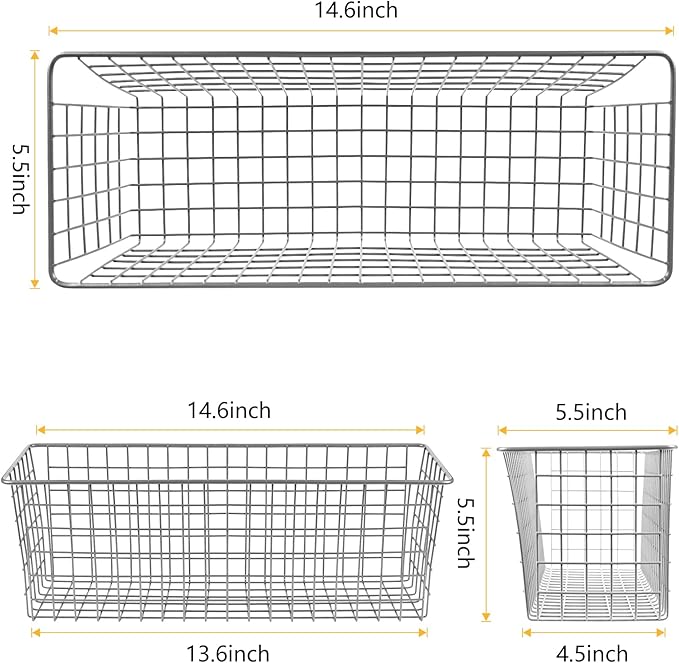 2 Sets Extra Large Hanging Wall Basket, Grey Metal Wire Baskets with Steel Hooks for Organizing, WallmountedFruit Vegetable Toy Snack Storage, Home Kitchen Bathroom Laundry Pantry Organizer