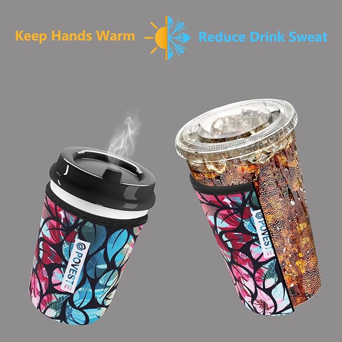 Reusable Neoprene Insulator Sleeve for Iced Coffee & Cold Soda, Coffee Sleeves for Iced & Hot Drinks, Cold Beverage Cooler Compatible with Starbucks, Dunkin (Blue&Pink Leave, Large: 32oz)