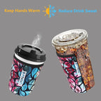 Reusable Neoprene Insulator Sleeve for Iced Coffee & Cold Soda, Coffee Sleeves for Iced & Hot Drinks, Cold Beverage Cooler Compatible with Starbucks, Dunkin (Blue&Pink Leave, Small: 16-18oz)