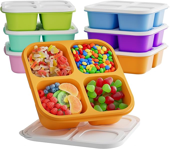 6 Pcs Bento Snack Containers, Reusable 4 Compartment Food Storage Container with Lids, Divided Lunchable Container, Freezer, Microwave & Dishwasher Safe (6 Color)