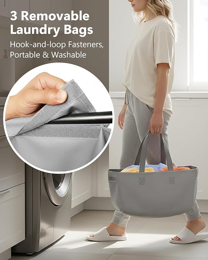 3 Section Laundry Sorter with Removable Bags, 120L Rolling Vertical Laundry Hamper, Stackable Laundry Baskets organizer for Bathroom, Apartment, Dorm (Gray, With Wheel)