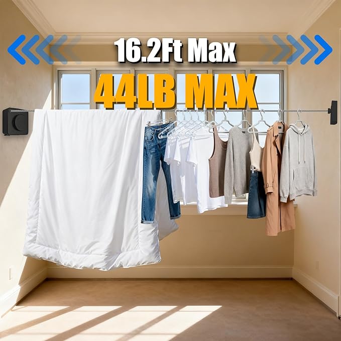 Retractable Clothesline, Non-Sagging Wall Mounted Laundry Line, Space-Saving Stainless Steel Clothes Line, Heavy Duty Drying Rack 15.6 Ft for Apartment, Dorms, RV & Travel (Black)