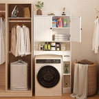 Ahomly Over The Toilet Storage Cabinet, 32.3" W x 70.3" H Over Toilet Bathroom Organizer with Doors, Adjustable Shelves, Toilet Paper Holder, 2 Side Hooks, Space-Saver for Bathroom, Laundry, White