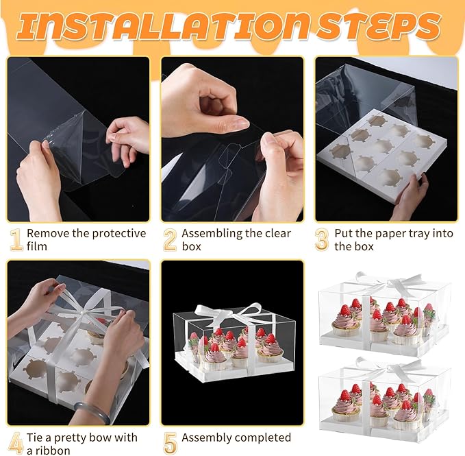 4packs 9 counts Clear Cupcake Boxes,5.5inches height 9 Count Cupcake Containers with Gift Ribbon，Disposable Cupcake Carrier Holder with Detachable Tall Dome Lid, BPA Free, Standard Size(9count/4pcs)