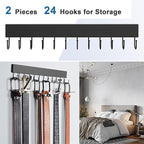 Belt Hanger Wall Mount 2 Pack, Wooden Closet Belt Organizer with 24 Swivel Metal Hooks, Adhesive or Drill Installation, Space Saving Rack for Belts, Ties, Scarves, Camisoles, Tank Tops, Black