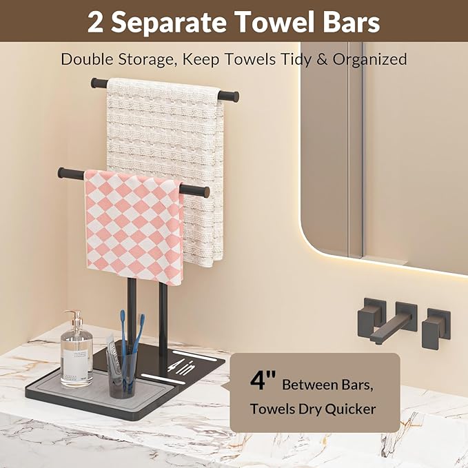 NADAMOO Towel Holder Stand with Stone Drying Tray, Adjustable Height 13.8"-24" Extra Tall for Countertop, Wide Stable Base, Rustproof Black Metal, Double Bar Hand Towel Rack for Bathroom & Kitchen
