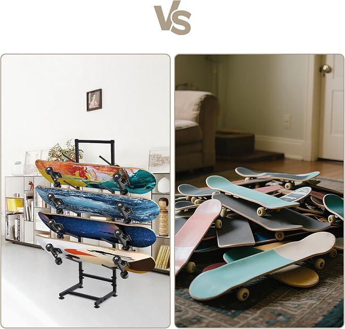 5 Tier Freestanding Skateboard Rack Double-Sided 50x30x110cm Heavy Duty Skate Board Display Hanger Rack Hold 10 Storage Longboard Deck Organizer for All-Mountain, Wide, Powder, Back-country Skis