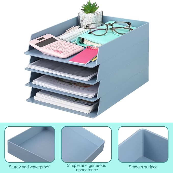 TecUnite 4 Pieces Stackable Letter Trays Blue Rectangular Stackable Office Letter Size Plastic Organizer Desk Tray for Desk Plastic Stacking Support for File Storage Office Classroom