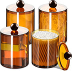 4 Pack Qtip Holder,Canister Apothecary Jar Set, Bathroom Jars with Lids Set for Cotton Swabs, Balls, Pads, Floss Picks,10oz-12oz Plastic Canisters Restroom Bedroom Vanity Organizer(Brown)