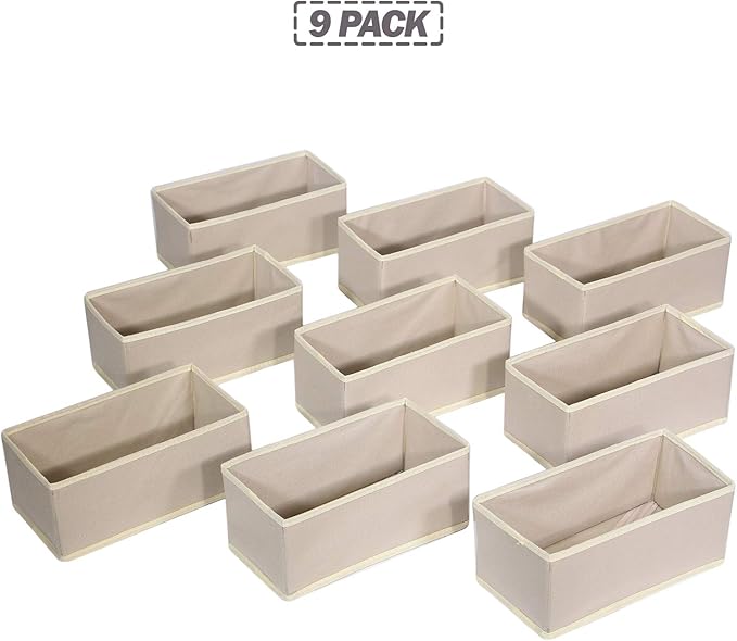 DIOMMELL 9 Pack Foldable Cloth Storage Box Closet Dresser Drawer Organizer Fabric Baskets Bins Containers Divider for Clothes Underwear Bras Socks Lingerie Clothing,Beige 090