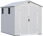 Greesum 6x8FT Plastic Outdoor Storage Shed with Floor, Resin Sheds with Lockable Double Door, Tool Sheds with Window and Vents, for Garden, Patio, Backyard, Light Gray