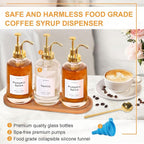Coffee Syrup Dispenser for Coffee Bar, 16.9oz 500ml Glass Syrup Dispenser w Golden Coffee Scoop, Coffee Syrup Pump Dispenser w 36 Labels and Bamboo Tray, Coffee Syrup Bottles with Golden Pump, 3PCS