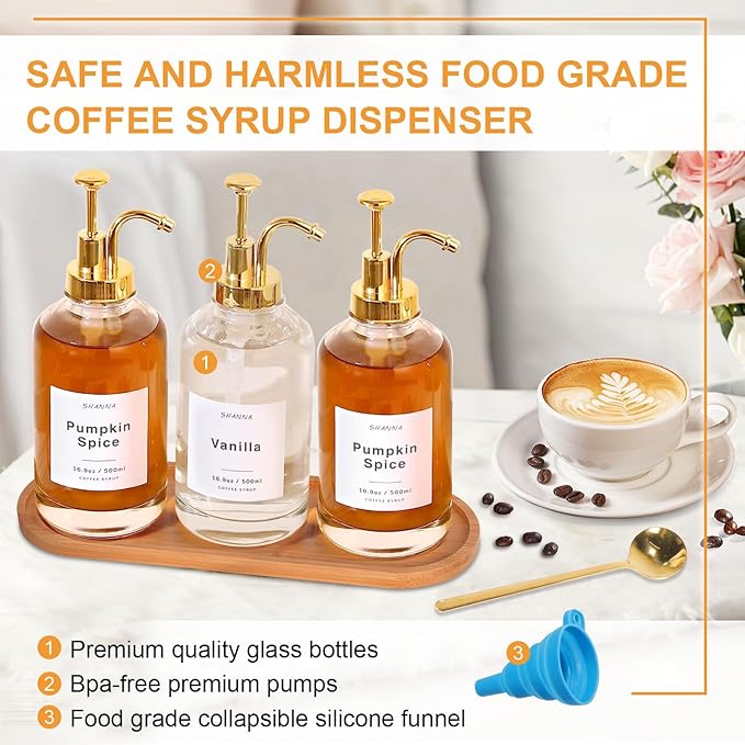 Coffee Syrup Dispenser for Coffee Bar, 16.9oz 500ml Glass Syrup Dispenser w Golden Coffee Scoop, Coffee Syrup Pump Dispenser w 36 Labels and Bamboo Tray, Coffee Syrup Bottles with Golden Pump, 3PCS